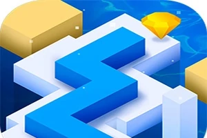 Hình ảnh thể hiện con đường zigzag màu xanh trên nền xanh dương, với các khối lập phương màu vàng và một viên kim cương màu vàng ở góc phía trên
