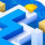 Hình ảnh thể hiện con đường zigzag màu xanh trên nền xanh dương, với các khối lập phương màu vàng và một viên kim cương màu vàng ở góc phía trên