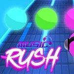 Hình ảnh ba quả bóng màu xanh lam, xanh lá và hồng đang di chuyển trên con đường sáng, với chữ Music Rush nổi bật ở phía dưới