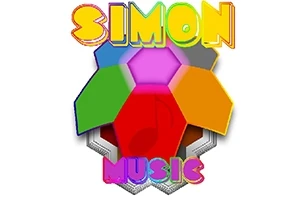 Chữ SIMON MUSIC đầy màu sắc nổi bật trên nền hình lục giác với các mảng màu xanh, đỏ, vàng, và tím