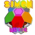 Chữ SIMON MUSIC đầy màu sắc nổi bật trên nền hình lục giác với các mảng màu xanh, đỏ, vàng, và tím
