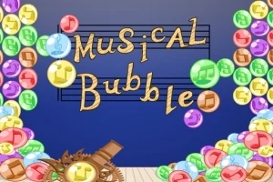 Các bong bóng màu sắc với nốt nhạc bên trong bay quanh dòng chữ Musical Bubble trên nền xanh