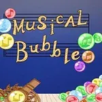Các bong bóng màu sắc với nốt nhạc bên trong bay quanh dòng chữ Musical Bubble trên nền xanh