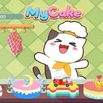 Một chú mèo hoạt hình đội mũ đầu bếp đang vui vẻ đứng sau quầy với nhiều chiếc bánh trang trí đầy màu sắc