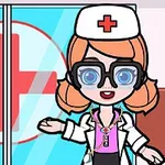 Nhân vật hoạt hình mặc đồng phục y tá đứng trước cửa kính có biểu tượng chữ thập đỏ lớn