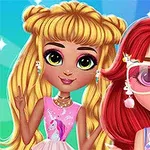 Hai cô gái hoạt hình với mái tóc sáng màu, một người đeo kính và người kia giơ dấu hiệu chữ V, với nền màu sắc rực rỡ