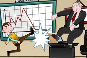 Một người đàn ông trẻ tuổi đá một người đàn ông lớn tuổi trong một văn phòng, với biểu đồ doanh số phía sau