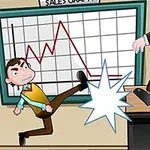 Một người đàn ông trẻ tuổi đá một người đàn ông lớn tuổi trong một văn phòng, với biểu đồ doanh số phía sau