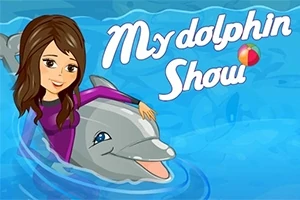 Hình ảnh một cô gái trẻ cưỡi cá heo trong nước với chữ My Dolphin Show và một quả bóng biển đầy màu sắc