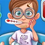 Cậu bé đeo kính tròn và cặp nhiệt độ trong miệng, ngồi trên giường bệnh với băng bó trên tay