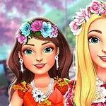 Hai cô gái với vòng hoa trên đầu và trang phục sặc sỡ đứng cạnh nhau với nền là cảnh thiên nhiên