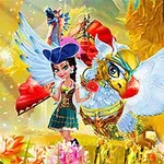 Một nhân vật nữ mặc trang phục màu xanh và mũ tím đứng cạnh một sinh vật có cánh to, trong khung cảnh đầy hoa và màu sắc rực rỡ