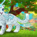 Một chú hổ trắng với sừng kỳ lân và pha lê trên trán đứng trên cỏ, nền là khu rừng màu sắc rực rỡ