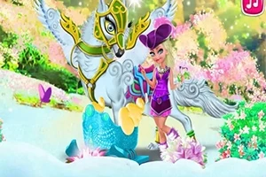 Người phụ nữ mặc trang phục màu hồng tím đứng bên cạnh một con ngựa có cánh mang giáp vàng trong khung cảnh đầy hoa và cỏ xanh