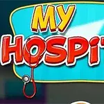 Hình ảnh có nền màu xanh với chữ My Hospital lớn, bên cạnh là ống nghe và chai thuốc