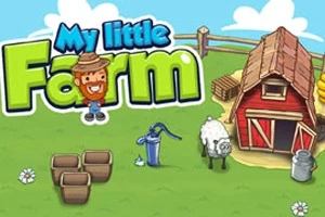 Hình ảnh một nông trại với kho thóc, cừu, máy bơm nước và các giỏ, cùng dòng chữ My Little Farm nổi bật trên nền xanh