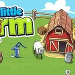 Hình ảnh một nông trại với kho thóc, cừu, máy bơm nước và các giỏ, cùng dòng chữ My Little Farm nổi bật trên nền xanh