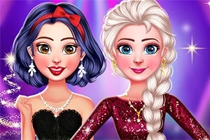 Hai nhân vật hoạt hình nữ với tóc ngắn đen và tóc dài bạch kim mặc trang phục lấp lánh đứng cạnh nhau trên nền tím