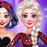 Hai nhân vật hoạt hình nữ với tóc ngắn đen và tóc dài bạch kim mặc trang phục lấp lánh đứng cạnh nhau trên nền tím