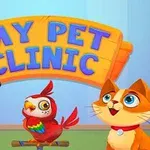 Chó, mèo, và chim màu sắc rực rỡ đứng cùng nhau dưới bảng hiệu My Pet Clinic