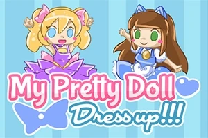 Hai búp bê hoạt hình với trang phục màu sắc và dòng chữ My Pretty Doll Dress up trên nền xanh sọc
