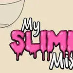 Chữ My Slime Mixer với từ Slime màu hồng nổi bật, nền là các dụng cụ làm slime