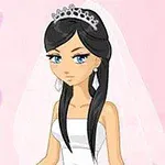 Một cô dâu hoạt hình với mái tóc đen dài, đội vương miện và đeo khăn voan trắng, nền hồng có họa tiết trái tim