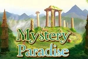 Khung cảnh thiên nhiên với các cột đá cổ đại nằm giữa vùng núi, bên dưới chữ Mystery Paradise