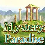 Khung cảnh thiên nhiên với các cột đá cổ đại nằm giữa vùng núi, bên dưới chữ Mystery Paradise
