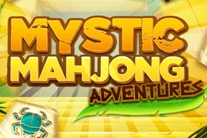 Tiêu đề Mystic Mahjong Adventures với nền màu vàng và một quân cờ có hình con cua màu xanh