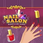 Hình ảnh một cô bé tóc vàng đang cười, bên cạnh là bàn tay được sơn móng tay với lọ sơn màu đỏ và chữ Nail Salon