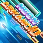 Văn bản nổi NEON ARKANOID trong các chữ cái màu sắc rực rỡ trên nền xanh với các đường viền sáng