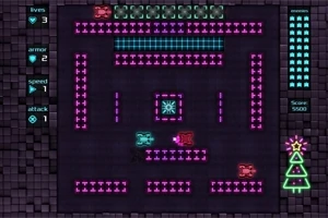 Giao diện màn hình game pixel với xe tăng màu đỏ và xanh, các bức tường màu hồng, và biểu tượng cây thông Noel phát sáng