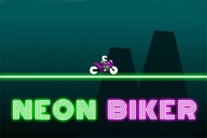 Một chiếc xe máy neon màu tím chạy trên đường phát sáng với nền đen và dòng chữ NEON BIKER ở phía dưới