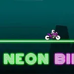 Một chiếc xe máy neon màu tím chạy trên đường phát sáng với nền đen và dòng chữ NEON BIKER ở phía dưới