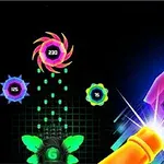 Hình ảnh mô tả các đối tượng hình học với màu sắc neon sáng và súng bắn laser, với dòng chữ Neon Blaster ở góc trên bên phải