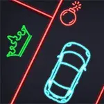 Hình ảnh một chiếc xe hơi neon màu xanh nằm giữa các biểu tượng vương miện màu xanh lá, bom màu đỏ, và ngôi sao màu vàng trên nền tối
