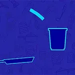 Hình ảnh có nền màu xanh với các nét vẽ màu sáng của một chảo, một cốc và một miếng thức ăn hình chữ nhật đang bay lên