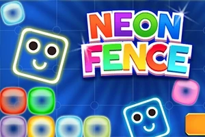 Các khối vuông phát sáng với khuôn mặt cười trên nền xanh và dòng chữ NEON FENCE đầy màu sắc