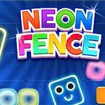 Các khối vuông phát sáng với khuôn mặt cười trên nền xanh và dòng chữ NEON FENCE đầy màu sắc