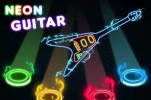 Hình ảnh hiển thị một cây đàn guitar neon với các vòng tròn ánh sáng màu xanh lá, vàng, đỏ, và xanh dương bên dưới