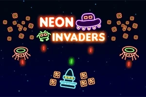 Đồ họa neon với chữ lớn, hai tàu vũ trụ và các biểu tượng hình học đầy màu sắc trên nền không gian tối