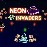 Đồ họa neon với chữ lớn, hai tàu vũ trụ và các biểu tượng hình học đầy màu sắc trên nền không gian tối