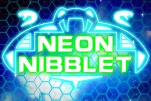 Logo phát sáng với dòng chữ NEON NIBBLET nổi bật trên nền tổ ong xanh và ánh sáng rực rỡ