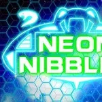 Logo phát sáng với dòng chữ NEON NIBBLET nổi bật trên nền tổ ong xanh và ánh sáng rực rỡ