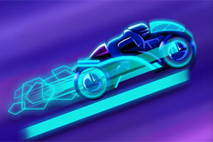 Hình ảnh xe máy tương lai với thiết kế neon phát sáng trên nền xanh tím