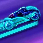 Hình ảnh xe máy tương lai với thiết kế neon phát sáng trên nền xanh tím