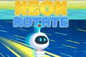 Hình ảnh một robot nhỏ với đôi mắt xanh và một đèn đỏ phía trên đầu, trên nền xanh có chữ NEON ROTATE màu vàng và xanh lam
