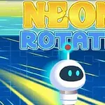 Hình ảnh một robot nhỏ với đôi mắt xanh và một đèn đỏ phía trên đầu, trên nền xanh có chữ NEON ROTATE màu vàng và xanh lam