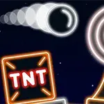 Hình ảnh chứa một viên đạn đang bay, một khối TNT và một đích màu đỏ, tất cả được viền sáng nổi bật trên nền tối